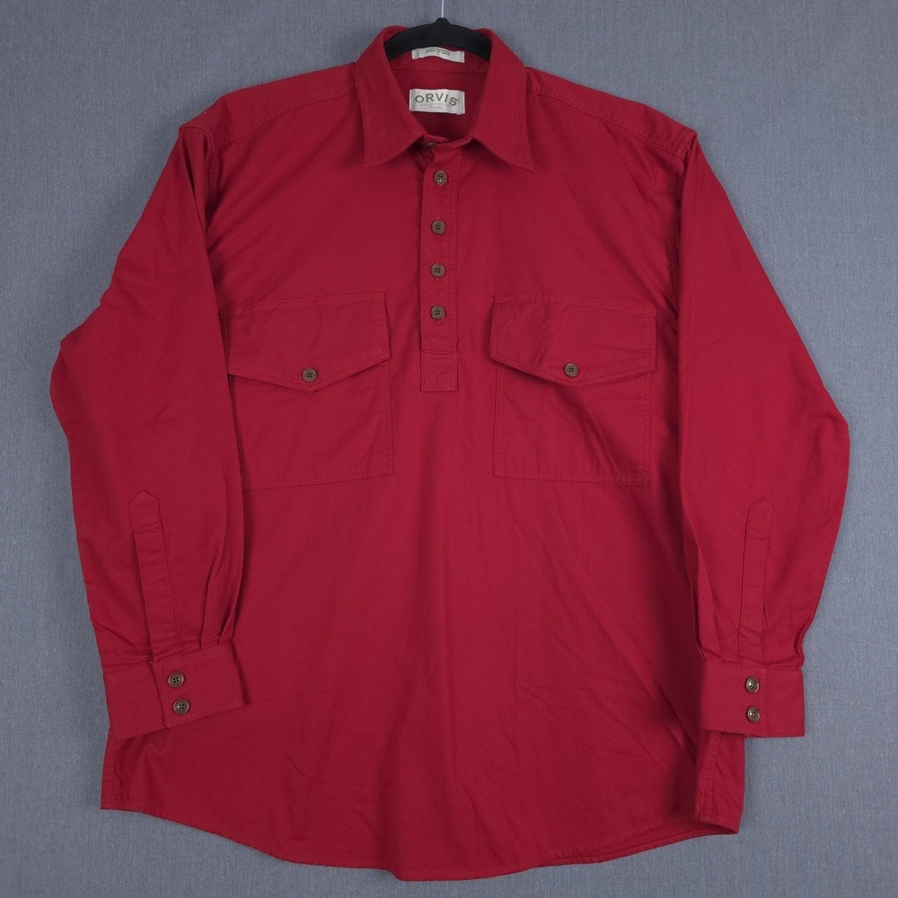 Orvis Popover Shirt Mens Large Red Heavy Cotton Long Sleeve‎ Pullover Outdoor